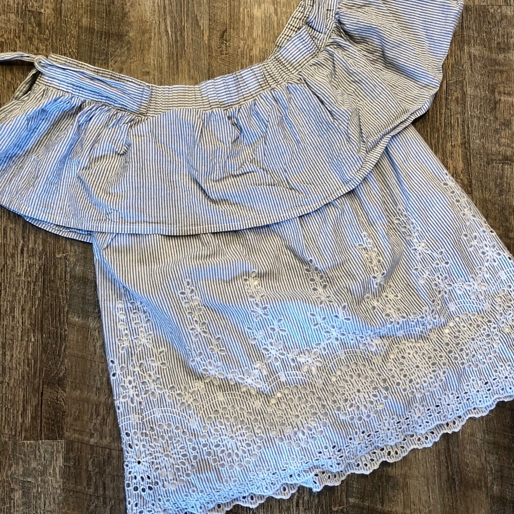 Blue Rain Blue & White Seersucker Off Shoulder Top
